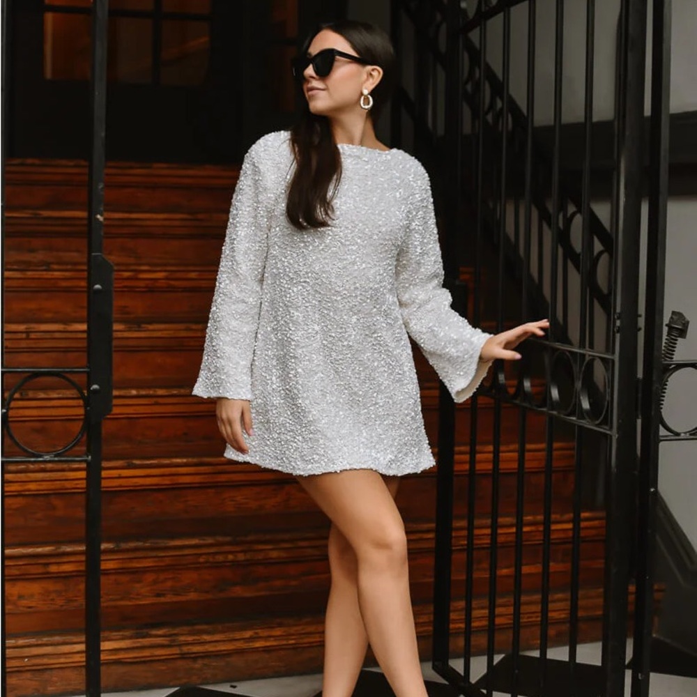 Cream Sheath Dress with Bishop Sleeves and Crew Neck